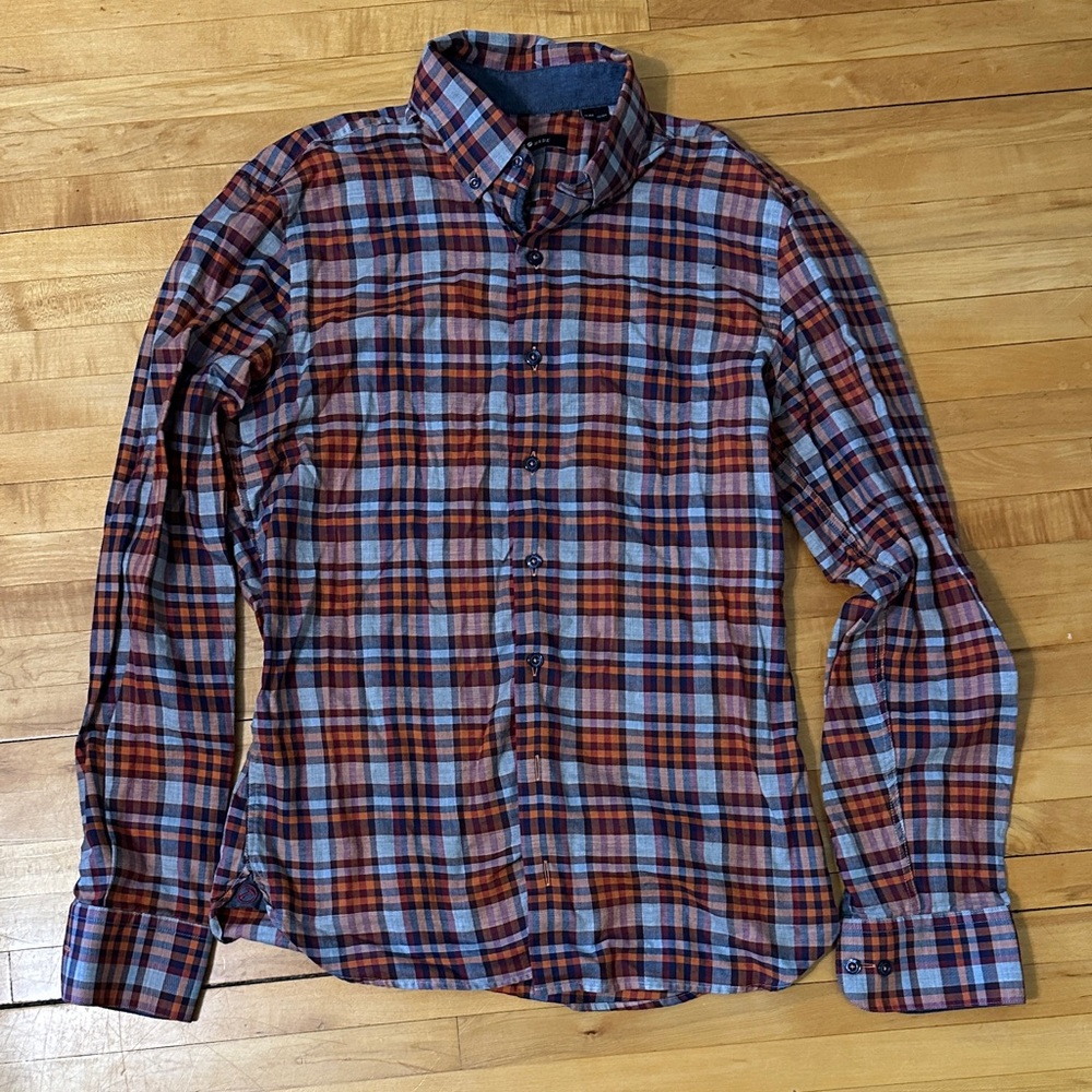 Hammer Made Orange, Gray, & Maroon Plaid Button-Down Shirt | M/15.5 Slim Fit